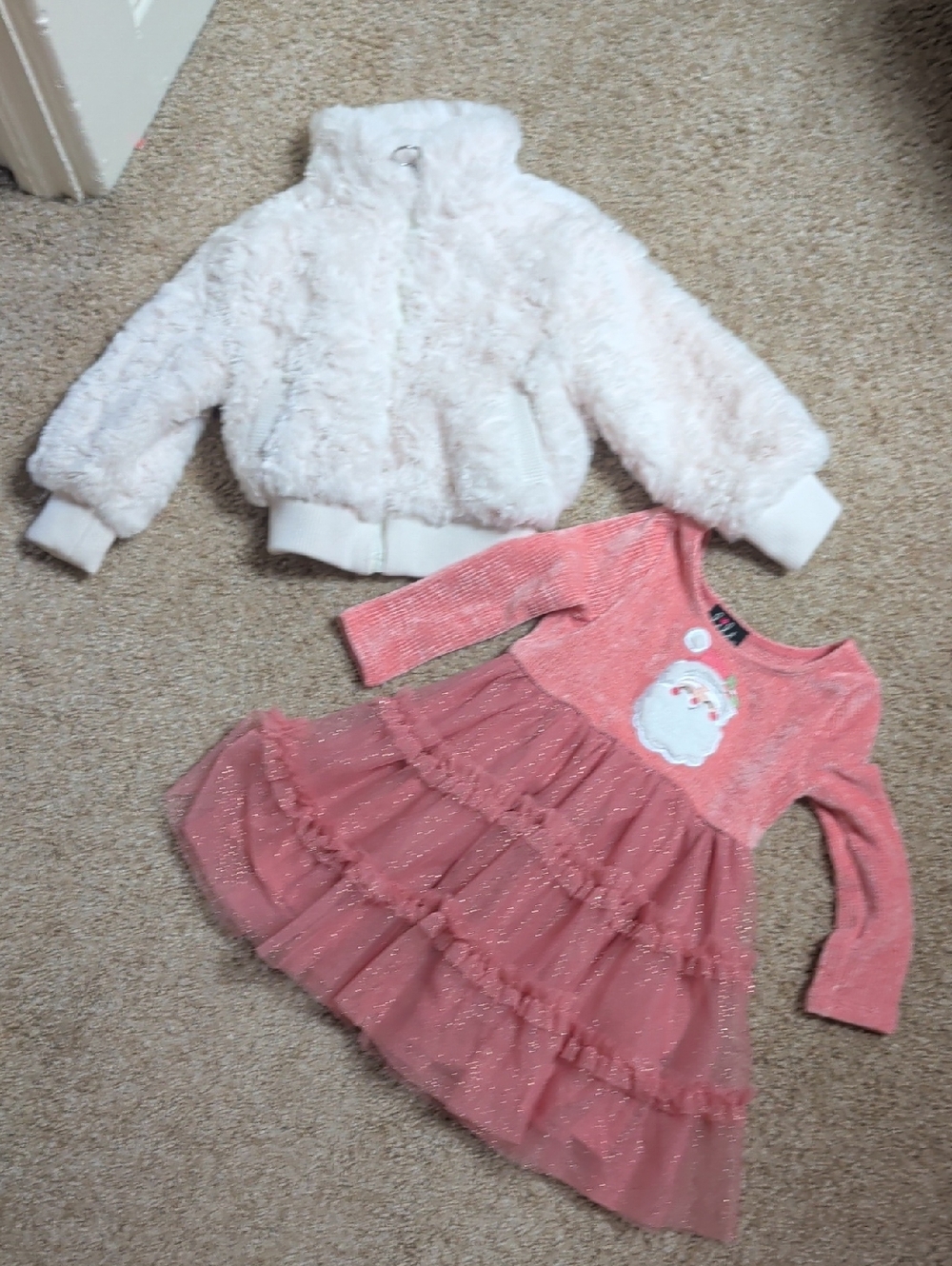 Girls Pink Tulle Santa Dress with Plush White Jacket